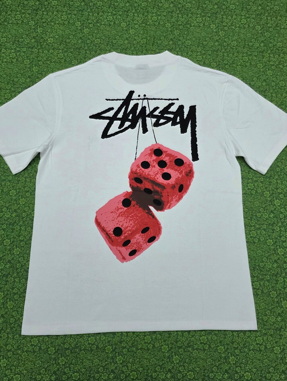 Stussy White Short Sleeve Tee with Pink Dice in Small